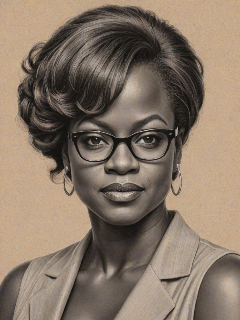 Exquisite Viola Davis, pencil sketch, portrait of Captivating woman 1958s in glasses, hair style beatnik, outline, clear lines, fine lines, 8k