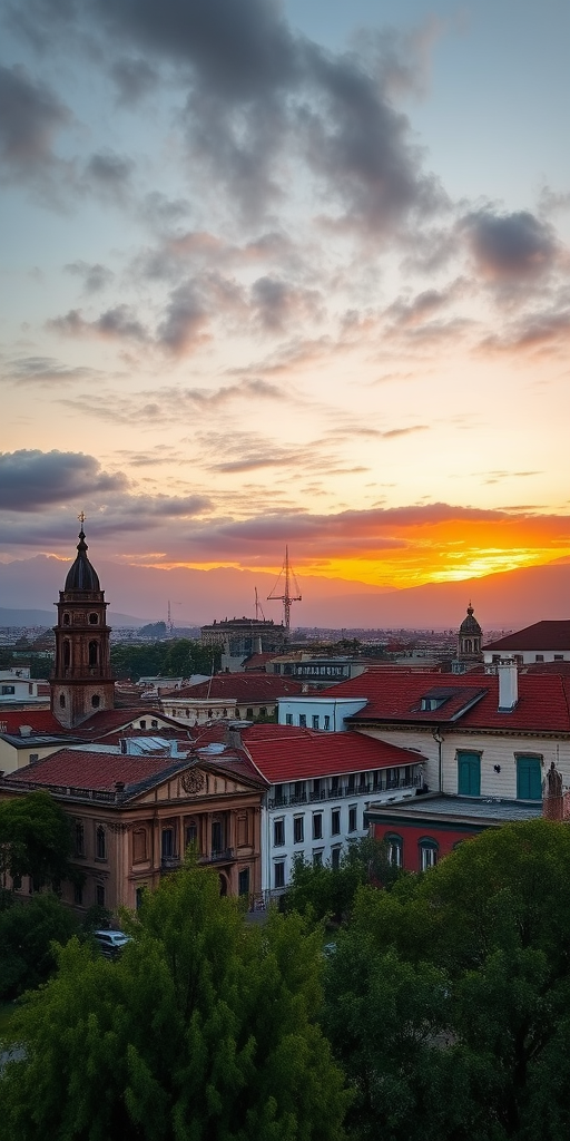 sunset view of Cuenca, Ecuador skyline with historical architecture, soft lighting, wide-angle lens, f/11 aperture, ISO 200, 1/250 second shutter speed, DSLR camera, landscape orientation, high definition