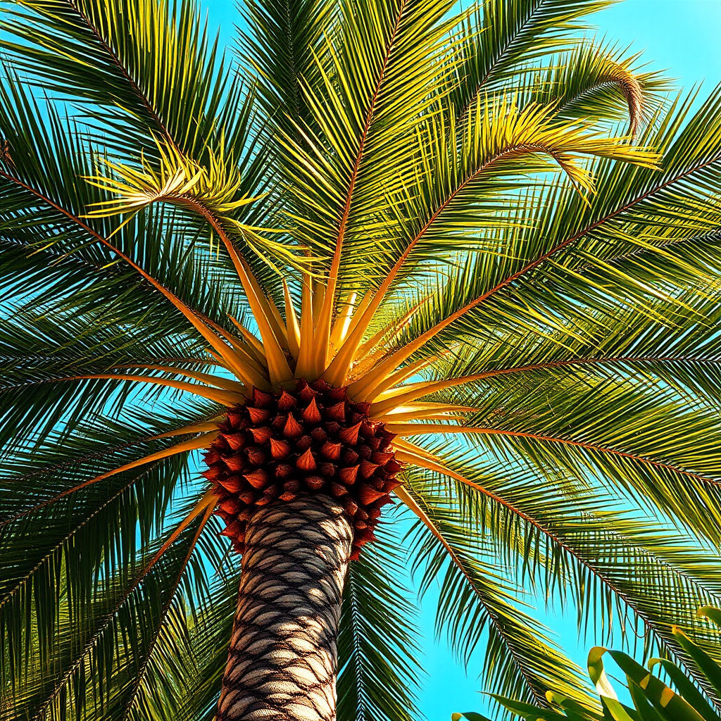 Create a vibrant digital illustration of a tall, lush palm tree with detailed fronds and a textured trunk, shot with a DSLR camera at f/4, ISO 100, in portrait orientation, using a soft focus lens.