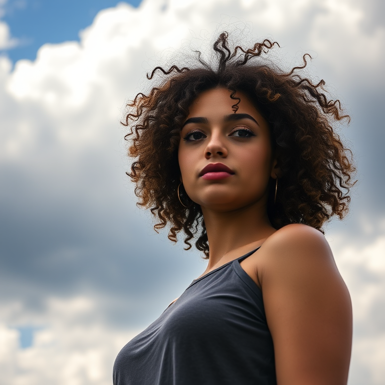 portrait of a young woman with curly hair standing against a dramatic cloud-filled sky, captured with a DSLR camera, 50mm lens, f/1.8 aperture, ISO 100, shot from below eye level, natural lighting for enhanced detail and depth
