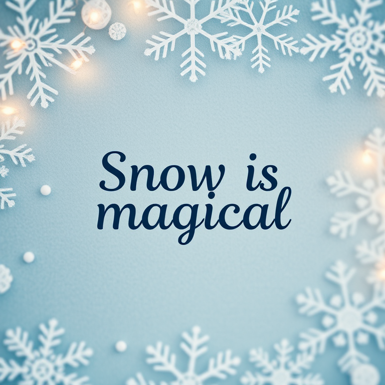 Create a high-resolution image featuring the phrase "Snow is magical" framed by intricate snowflakes on a soft, textured, light blue background, captured with a DSLR camera at f/2.8, ISO 100, with a 50mm lens, in natural light, with a shallow depth of field to enhance the overall warmth and clarity of the scene.