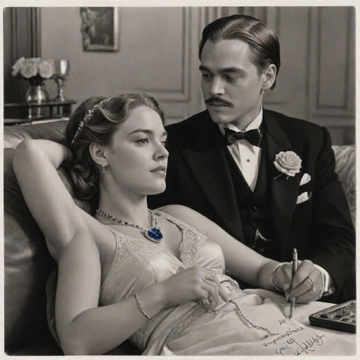 A hyperdetailed photorealistic black and white pencil sketch of the scene from the film Titanic where Jack is sketching Rose's portrait on his art pad as she reclines on the couch, wearing a bright sapphire blue diamond necklace with a heart-shaped diamond. The drawing on his art pad resembles Rose. Both Rose and the drawing of Rose are shown in the same image.