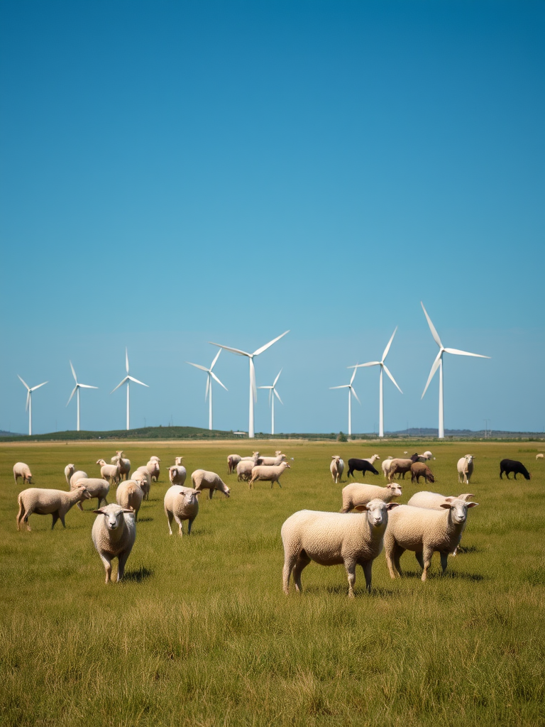 A scenic landscape featuring wind turbines in the background with a flock of sheep grazing in a grassy field under a clear blue sky, captured with a DSLR camera at f/11 aperture, ISO 100, 24mm focal length, and a shallow depth of field for enhanced clarity.