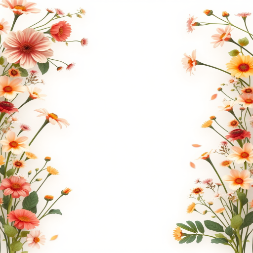 Create a vibrant digital illustration of a floral border with a blank space in the center, featuring a variety of flowers in soft pastels and warm autumn tones, framed by light green foliage, using a Canon EOS R5 camera at f/4, ISO 100, 50mm lens, shot in natural light at a 45-degree angle for optimal depth and clarity.