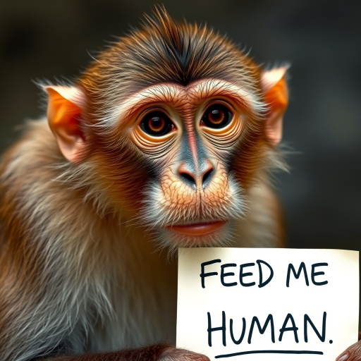 monkey holding a note which says "FEED ME HUMAN"