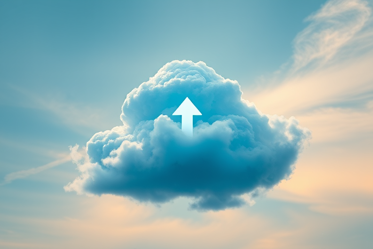 Create a vivid blue cloud with an upward arrow centered inside it, using a Canon EOS R5, f/8 aperture, ISO 100, 50mm lens, ensuring sharp focus and high dynamic range in a digital illustration style.