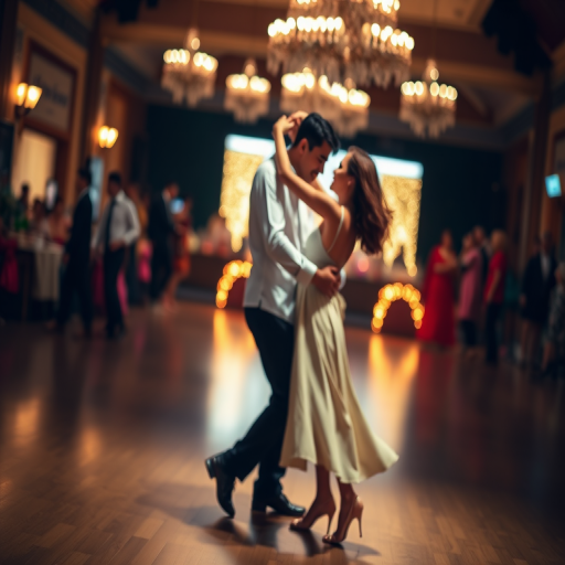 Create an image of a couple dancing gracefully, captured from a low angle, using a DSLR camera with a 50mm lens at f/1.8 aperture, ISO 100, shutter speed 1/200s, with vibrant colors and a blurred background to enhance the focus on the dancers.