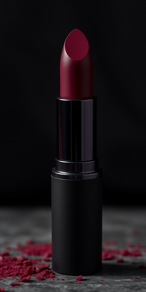 Sultry "Midnight Velvet" matte lipstick in deep plum shade, long-lasting formula with moisturizing properties, ideal for creating mysterious and alluring looks