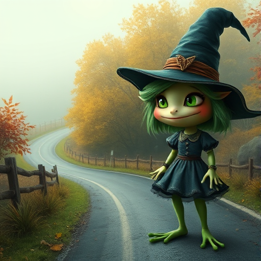 digital art fantasy depicting a strange girl with green hair, long eyelashes, green lipstick and a tall hat walking along a winding road on an autumn afternoon, an Frog smiles as she passes