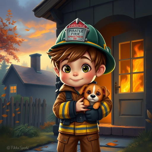 airbrushed oil painting, pixar style, cute little boy in fireman gear, helmet, tousled hair, expressive eyes, standing in the doorstep of a cottage burning behind him, holding a cute little dog in his arm, atumn sky