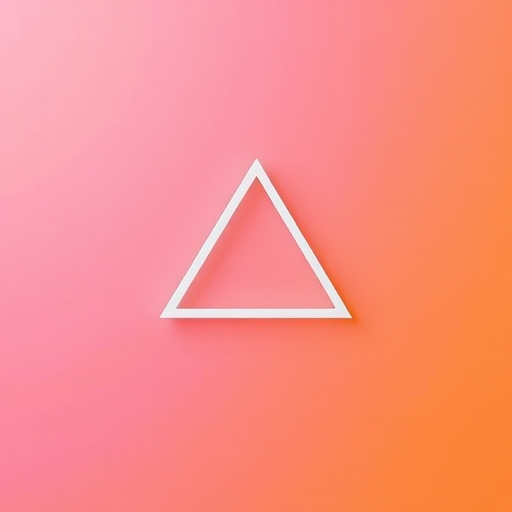 Create an abstract geometric design featuring a triangle in white on a vibrant gradient background of pink and orange, shot with a DSLR camera at f/8 aperture, ISO 100, 50mm lens, natural light, top-down view, minimalist style.