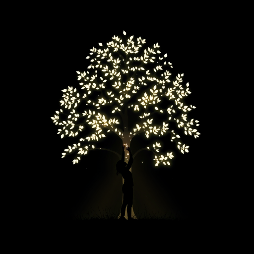 Create an illustration of a silhouette of a person reaching up to a tree made of glowing white leaves against a starry black background, captured with a Canon EOS R5, 50mm lens, aperture f/2.8, ISO 100, in a high dynamic range style.