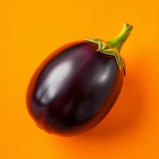 Create a vibrant illustration of a single eggplant on an orange background, use a shallow depth of field with a Canon EOS R5, 50mm lens at f/1.8, natural lighting, and a slight overhead view for enhanced detail and color contrast.