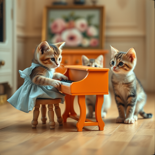 A charming scene of three cute cats in a vintage-style room. One cat, wearing a small, light-blue dress, sits on a tiny stool playing a miniature orange piano. Two other cats, with wide, curious eyes, watch the piano-playing cat intently. The room has warm lighting, with a cozy, old-fashioned aesthetic, soft wooden floors, and a blurred floral painting in the background. The overall mood is playful and whimsical, capturing the innocent curiosity of the cats. The image has a slightly worn, nostalgic feel, reminiscent of an old photograph.