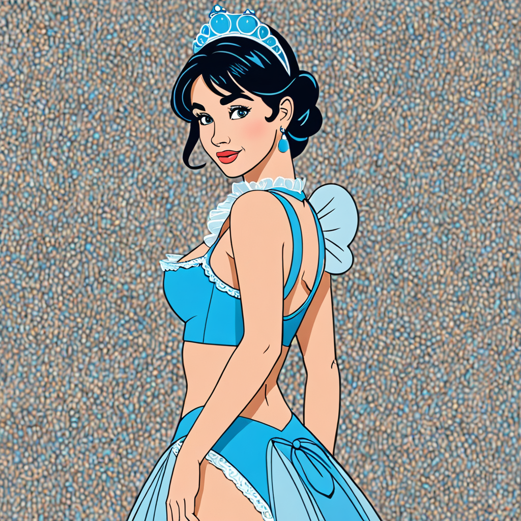 Free Ai Image Generator - High Quality and 100% Unique Images -  —  cinderella from the cartoon walks dressed in laced transparent tiny light  blue maid underwear. Profile view. flat colors. Monochrom background.