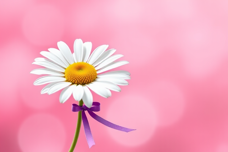 Create a high-resolution digital illustration of a white daisy with a yellow center and a purple ribbon on the stem against a soft pink bokeh background, using a 50mm lens at f/2.8 with a shallow depth of field, captured from a slightly elevated angle for an artistic view, and rendered in a vibrant, illustrative style.