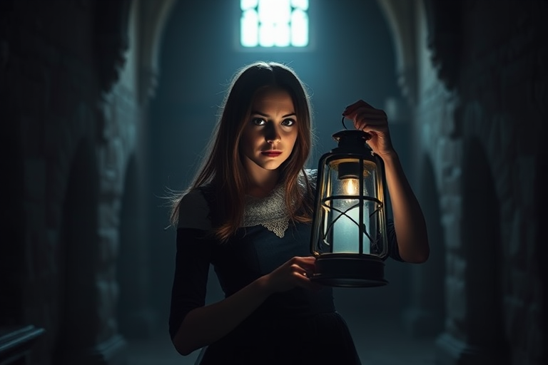 Portrait of a mysterious woman holding a lantern in a dimly lit castle, soft focus with dramatic shadows, ISO 100, f/1.8, 50mm lens, natural light, DSLR camera, cinematic style.