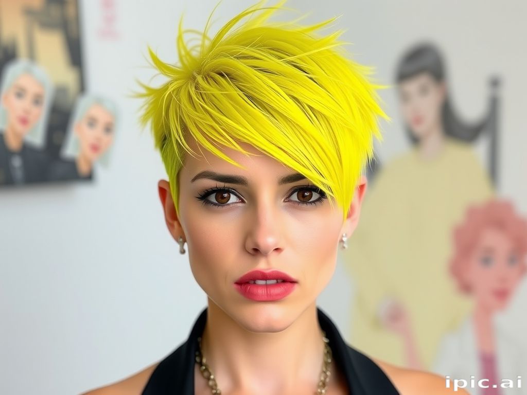 Daring neon yellow-haired rebel with an edgy, asymmetrical pixie cut featuring shaved sides and spiky texture