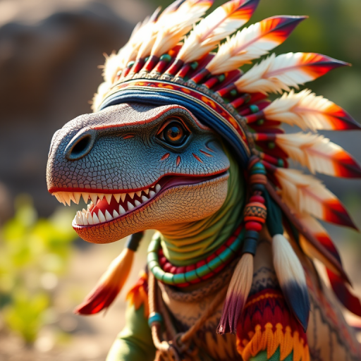 Create a detailed illustration of a cute dinosaur character wearing a Native American headdress and traditional attire, using a Canon EOS R5 camera with a 50mm f/1.2 lens, aperture set to f/2.8, ISO 100, capturing in natural light with a focus on vibrant colors and intricate details in the clothing and headdress.