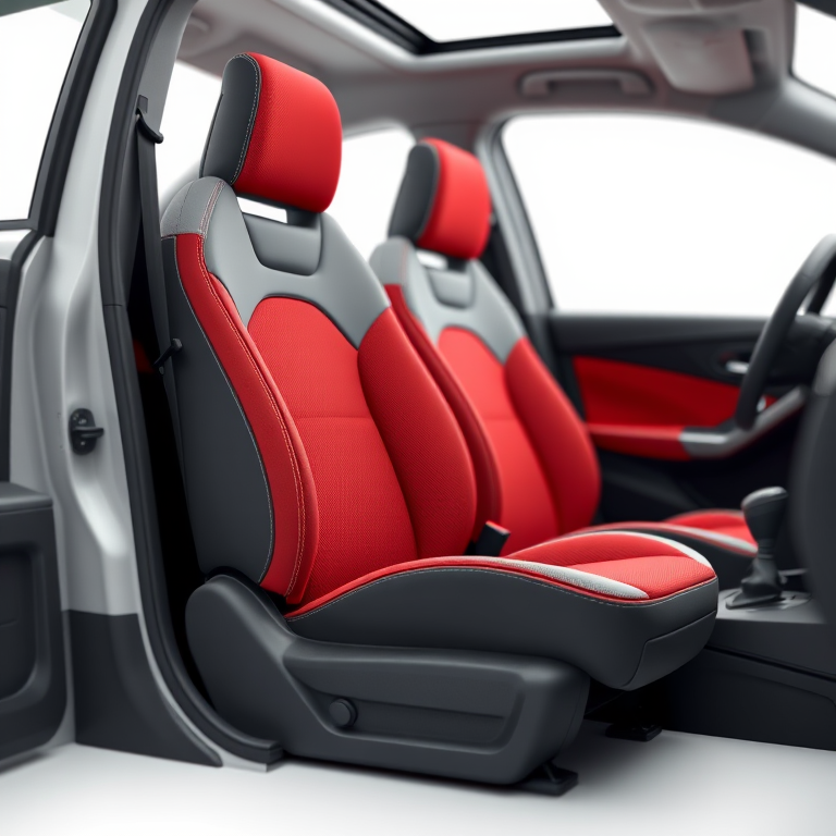 Create a highly detailed 3D rendering of a modern car seat, featuring a red fabric section and sleek gray accents, captured from a slight low-angle view using a DSLR camera with a 50mm lens at f/2.8, ISO 100, and a shallow depth of field to emphasize the texture and design.