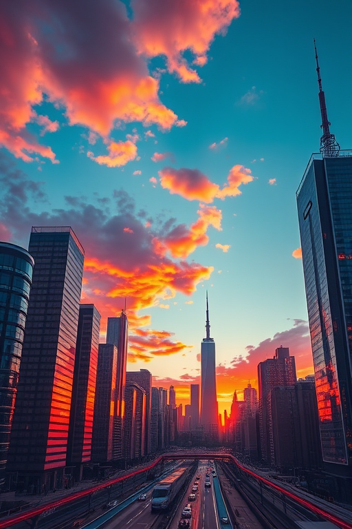 Create a high-resolution image of a futuristic city skyline at sunset with vibrant colors, using a Canon EOS R5, 24mm lens, f/8 aperture, ISO 100, and a panoramic view to capture the full expanse of the city.