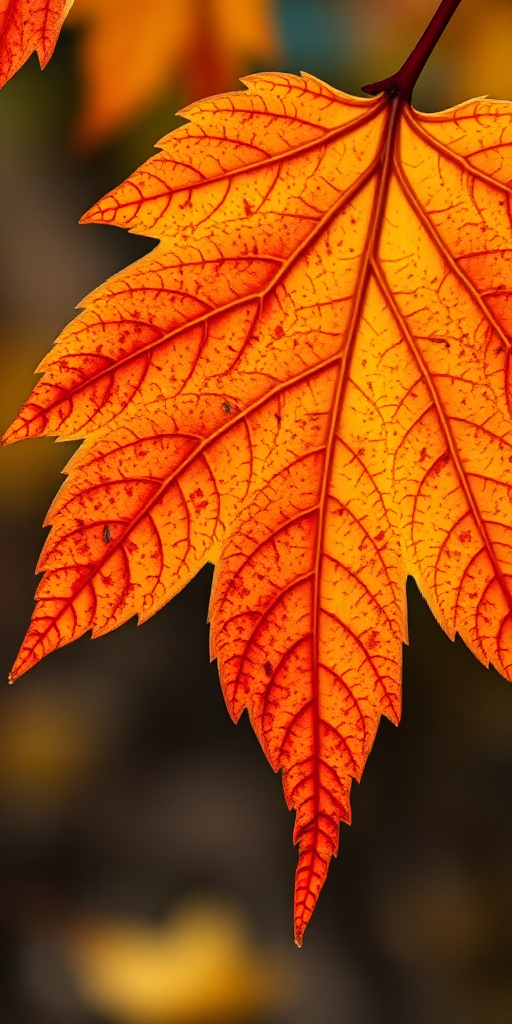 Create a high-resolution close-up photograph of a vibrant orange and yellow maple leaf with intricate details, taken with a DSLR camera at f/2.8 aperture, 1/200 sec shutter speed, ISO 100, natural lighting, and a shallow depth of field to emphasize the texture of the leaf against a soft blurred background.