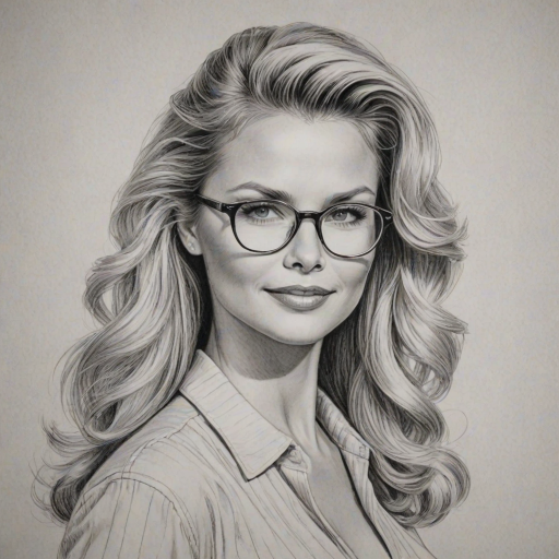 Graceful Christie Brinkley, pencil sketch, portrait of Attractive woman 1945s in glasses, hair style beatnik, outline, clear lines, fine lines, 8k