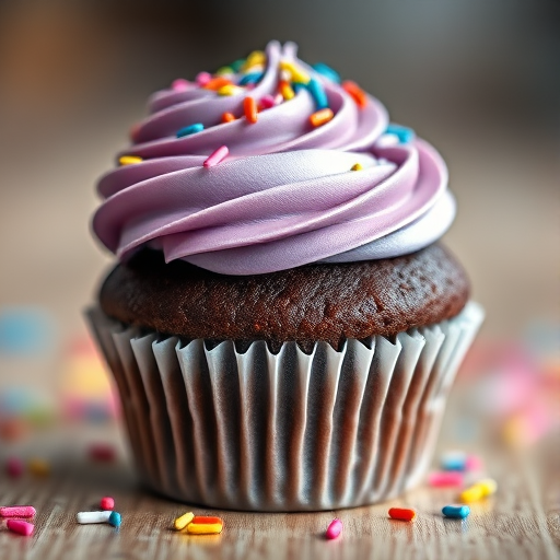Create a high-resolution image of a beautifully decorated chocolate cupcake with swirls of pastel purple and blue frosting topped with colorful sprinkles, shot with a Canon EOS R5 at f/2.8, 50mm lens, in soft focus with a bokeh background to enhance the colors and depth.