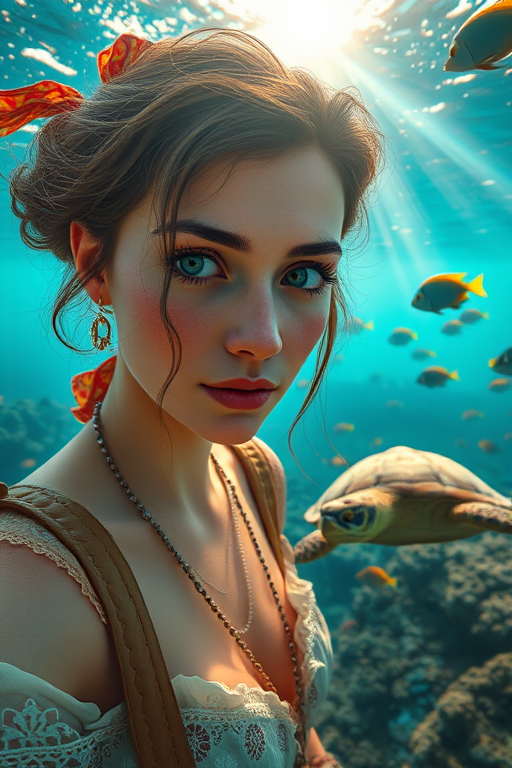 Realistic selfie image of a Romani, wearing a vintage outfit, detailed dreamy eyes, droopy hooded eyes, staring at the camera, taken underwater at coral reef with a sunbeam filtering through the water, vibrant, summer vacation, natural lighting, turtle and school of tropical fish with vibrant colors, rendered in the style of CryEngine, Pegi Nicol MacLeod, with realistic genre scenes, hauntingly beautiful narratives, ultra-realism, and Thomas Saliot's close-up technique, 8K resolution, crystal clear and sparkling water.