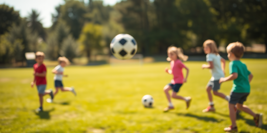 Blurry candid shot of a group of children playing soccer on a sun-drenched field, soft focus on the ball mid-air, with distant trees swaying in the summer breeze.