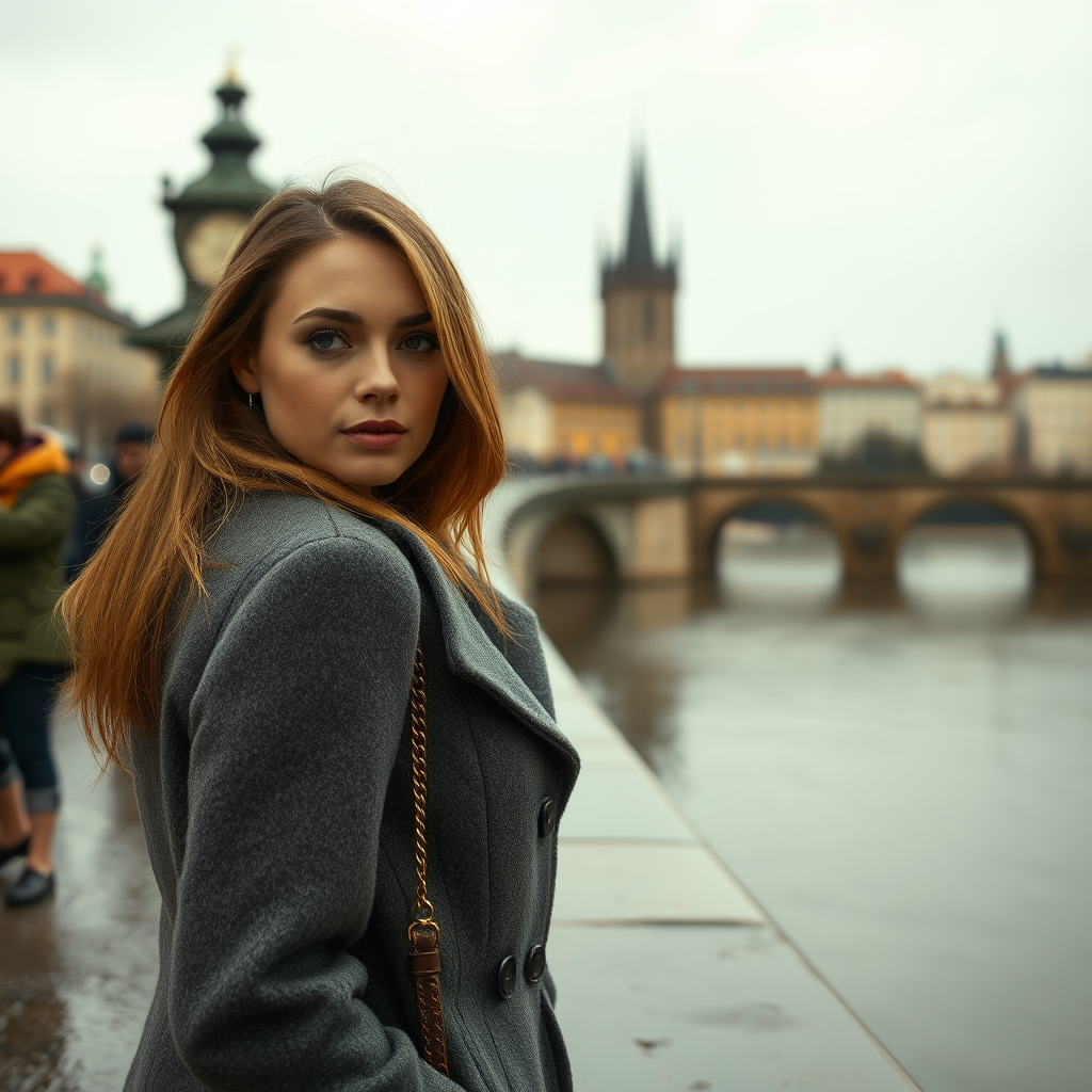 cinematic photo from above, waist up shot, sharp focus, a beautiful woman in foreground, in Prague, at the Charles Bridge, river in background, overcast rainy day, wearing long grey wool coat, warm rich color palette