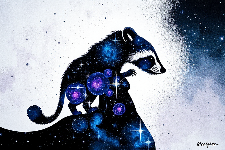 Captivating conceptual render alcohol ink art, double exposure, the paint strokes artfully merge combining a woman's full silhouette with a Curious raccoon's silhouette. The figures are composed of a series of colored dots, lines & spots that evoke the image of a cosmic galaxy, colors are deep shades of blue purple & black with flashes of white & silver representing distant stars. The woman's silhouette is formed within the lion's silhouette from constellations of scattered stars, surreal