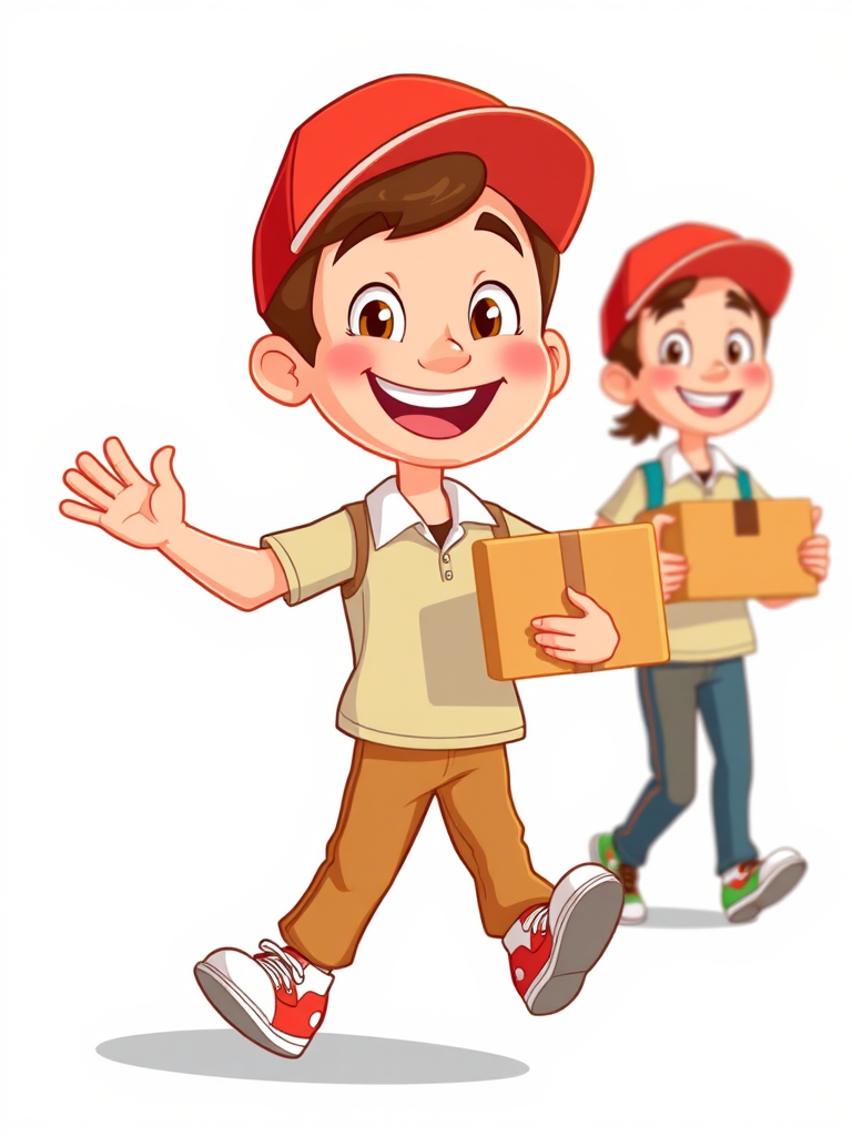 Create a vibrant cartoon character design of a cheerful delivery person with three distinct poses: one running excitedly, one standing with a box, and one casually walking, using a high-resolution setting of 300 DPI, 35mm lens, natural daylight, and a soft focus style to enhance clarity and detail.