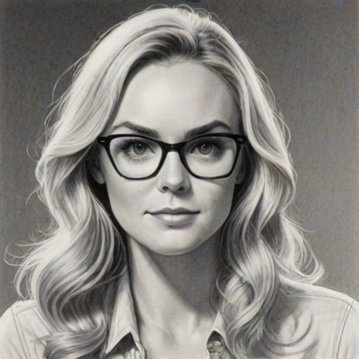 Fetching Laura Bell Bundy, pencil sketch, portrait of Fetching woman 1973s in glasses, hair style beatnik, outline, clear lines, fine lines, 8k