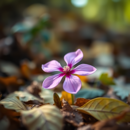 Capture a close-up of a single pink flower amidst fallen leaves, shallow depth of field, soft bokeh background, set aperture to f/2.8, shutter speed of 1/200 sec, ISO 100, using a DSLR camera with a 50mm lens, in natural light.
