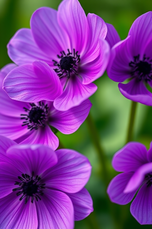 close-up of vibrant purple anemone flowers with intricate details and soft green background, shallow depth of field, f/2.8 aperture, 50mm lens, natural lighting, DSLR camera, high-resolution image