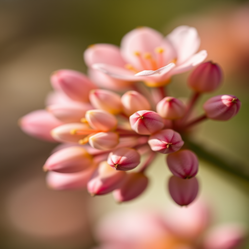 macro photography of flowering plant with detailed focus on buds, shallow depth of field, f/2.8 aperture, 50mm lens, ISO 100, natural light, DSLR camera, vibrant colors, soft background blur
