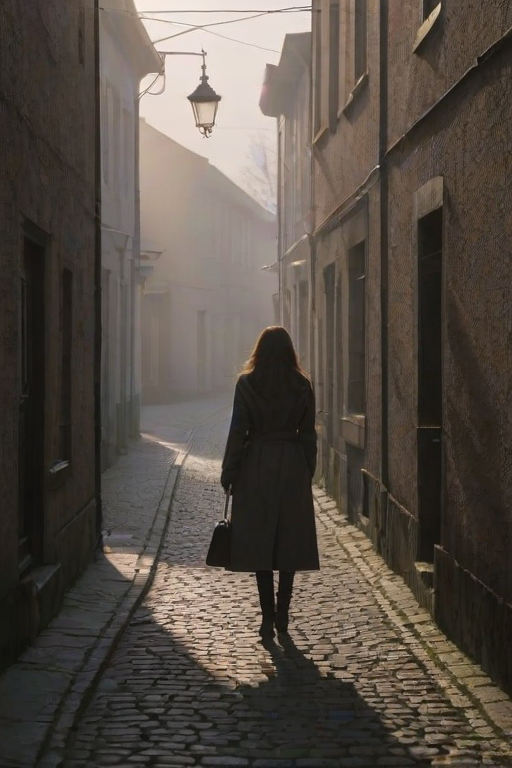 Foggy alleyway in a small town, soft light from a nearby streetlamp casting long shadows, a woman in a long coat walks slowly, her boots clicking softly on the cobblestones.