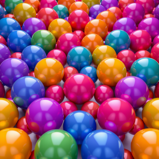 Create a high-resolution image featuring multiple rows of glossy spheres in a gradient of colors, using a DSLR camera with a 50mm lens at f/2.8, ISO 100, shutter speed 1/100s, top-down view, soft diffused lighting to enhance reflections.