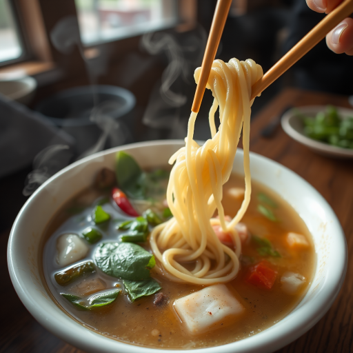 A steaming bowl of pho with chopsticks lifting noodles, herbs and chili visible, soft lighting for warmth, macro lens, f/2.8 aperture, 1/100 sec shutter speed, ISO 100, low angle view.