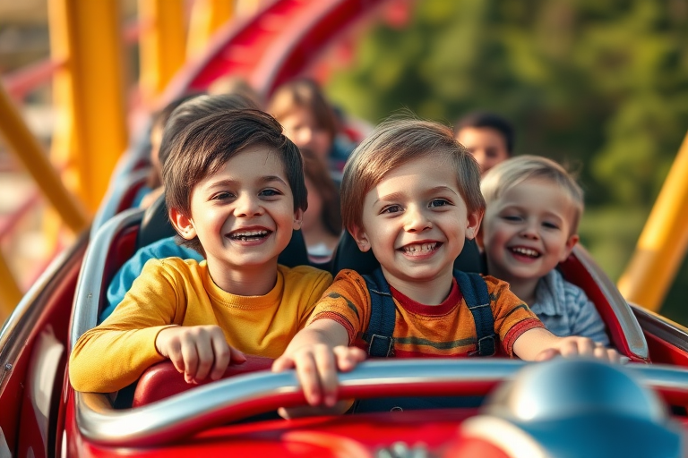 capture a joyful scene of children on a roller coaster with big smiles, use a 50mm lens, aperture f/1.8, shutter speed 1/500s, ISO 200, natural light, portrait mode, shallow depth of field, warm colors, high resolution