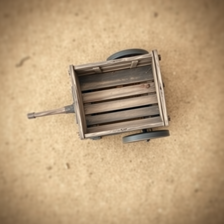 regenerate an image of an old wooden cart on a plain background, shallow depth of field, 50mm lens, f/2.8 aperture, ISO 100, natural light, DSLR camera, top-down view