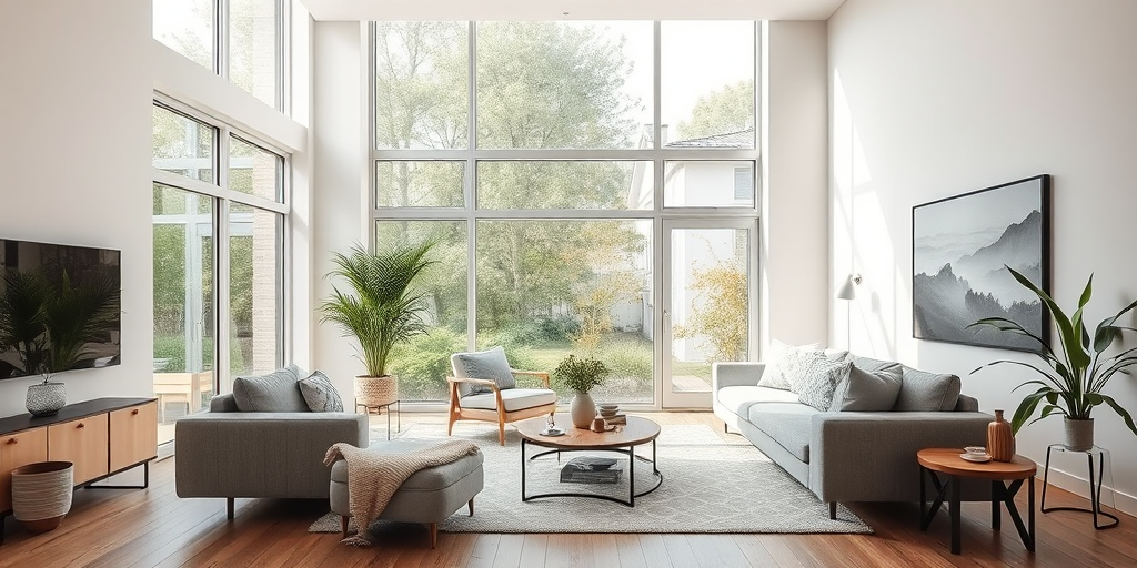 interior of a modern minimalist living room with large windows allowing natural light, neutral color palette, soft textures, and greenery, captured with a Canon EOS R5, 24mm lens, aperture f/2.8, ISO 100, soft focus for a warm ambiance