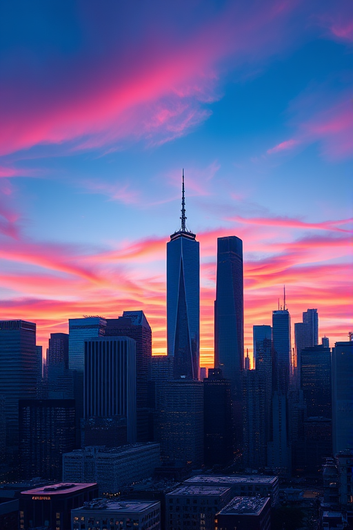 Generate a high-resolution digital illustration of a skyline featuring iconic skyscrapers, captured in a vibrant sunset gradient background with rich blues and pinks, using a wide-angle lens, f/8 aperture, ISO 100, and a 24mm full-frame camera for enhanced depth and clarity.