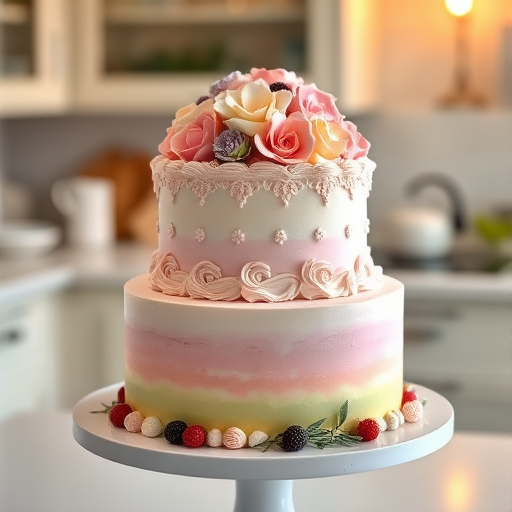 "A beautifully decorated round cake displayed on an elegant white cake stand. The cake has three tiers, each layer meticulously frosted with smooth buttercream in pastel colors. The top tier is adorned with delicate sugar flowers in soft shades of pink, purple, and white, with edible gold accents. The middle layer features intricate piping in swirls and lace-like patterns, while the bottom tier has a subtle ombre effect fading from light to dark. A few fresh berries and a touch of greenery are placed around the base of the cake for a natural touch. The background is a soft, blurred kitchen setting with warm lighting, focusing on the cake's details.