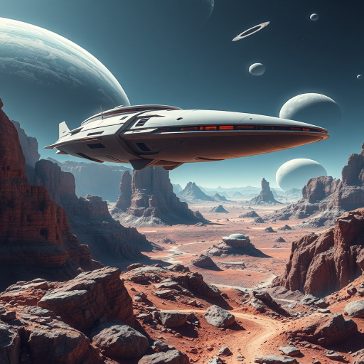 Generate a high-resolution image of a futuristic spaceship hovering over a rocky alien landscape with planets in the background, captured using a DSLR camera with a 24mm lens at f/8, ISO 100, 1/125s shutter speed, in a panoramic view with vibrant colors and high contrast.