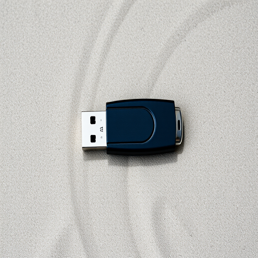 Create a high-resolution image of a USB flash drive with a modern design, captured with a DSLR camera using a 50mm lens at f/1.8, ISO 100, and natural lighting from the side for soft shadows, top-down view to emphasize shape and texture.
