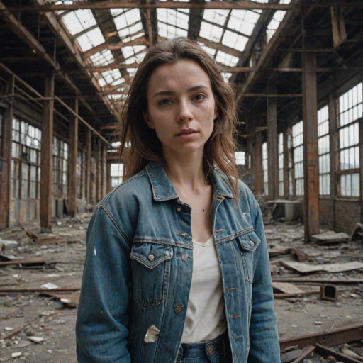 Abandoned factory, with broken windows and rusted metal beams, a woman in a denim jacket explores cautiously, her camera slung over her shoulder as she captures the decaying beauty of the space.