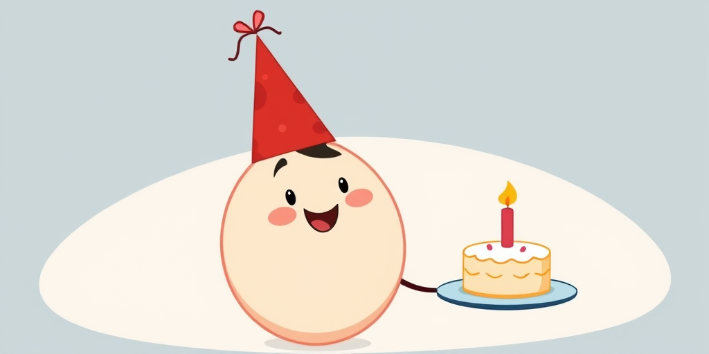 A cartoon character with a round body wearing a festive red party hat holding a cake with a candle on a plate smiling happily in a simple, colorful style.