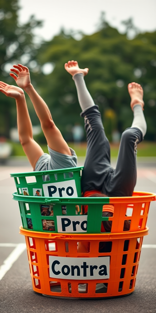 Create an image of two baskets, one green and one orange, with a person diving into the green basket labeled 'Pro' and another person dramatically falling into the orange basket labeled 'Contra'; use a DSLR camera with a 50mm lens, aperture set to f/2.8, ISO 100, shot from a low angle with a shallow depth of field to enhance the foreground elements.
